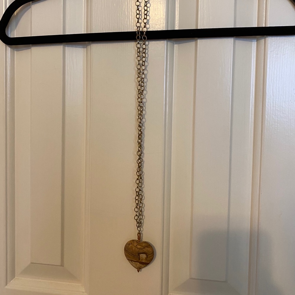 Wooden heart long gold chain necklace